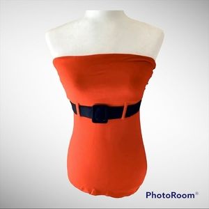 Express Strapless Tube Top Red W Attached Black Belt Accent NWOT